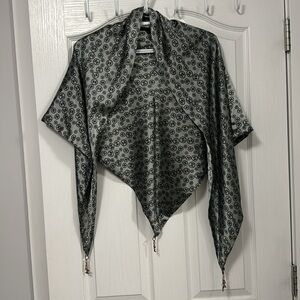 Silk like Triangle Shawl Scarf, light green with black letters.